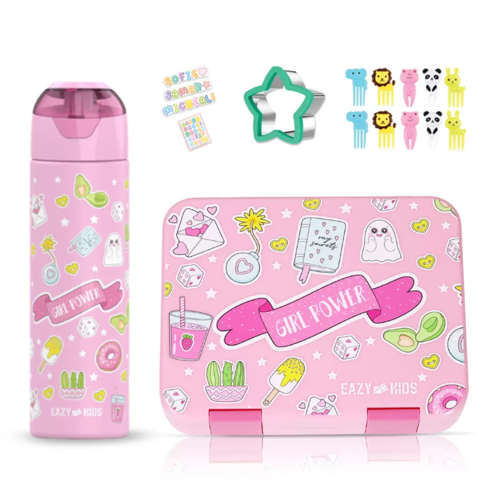 Eazy Kids 5 &amp; 4 Convertible Bento Lunch Box with Stainless Steel 640ml Water Bottle and Sandwich Cutter Set - Girl Power Pink