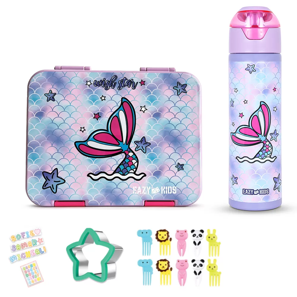 Eazy Kids 6 &amp; 4 Convertible Bento Lunch Box with Stainless Steel 640ml Water Bottle and Sandwich Cutter Set - Mermaid Purple