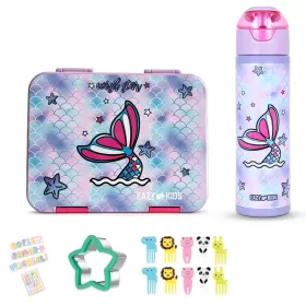 Eazy Kids 6 & 4 Convertible Bento Lunch Box with Stainless Steel 640ml Water Bottle and Sandwich Cutter Set - Mermaid Purple