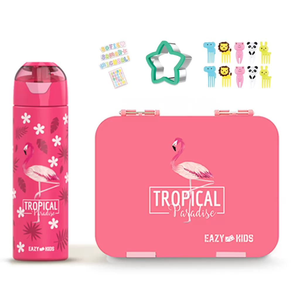 Eazy Kids 6 & 4 Convertible Bento Lunch Box with Stainless Steel 640ml Water Bottle and Sandwich Cutter Set - Tropical Pink