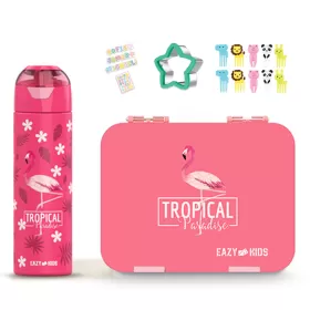 Eazy Kids 6 & 4 Convertible Bento Lunch Box with Stainless Steel 640ml Water Bottle and Sandwich Cutter Set - Tropical Pink