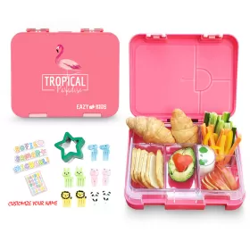 Eazy Kids 6 & 4 Convertible Bento Lunch Box with Stainless Steel 640ml Water Bottle and Sandwich Cutter Set - Tropical Pink