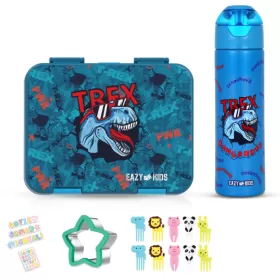 Eazy Kids 6 & 4 Convertible Bento Lunch Box with Stainless Steel 640ml Water Bottle and Sandwich Cutter Set - TREX Blue