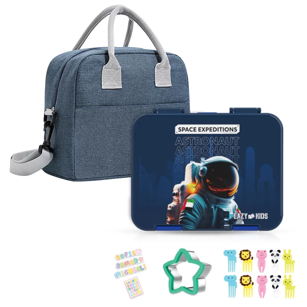 Eazy Kids 4 &amp; 6 Convertible Bento Lunch Box with Lunch Bag and Sandwich Cutter Set - Space UAE Blue