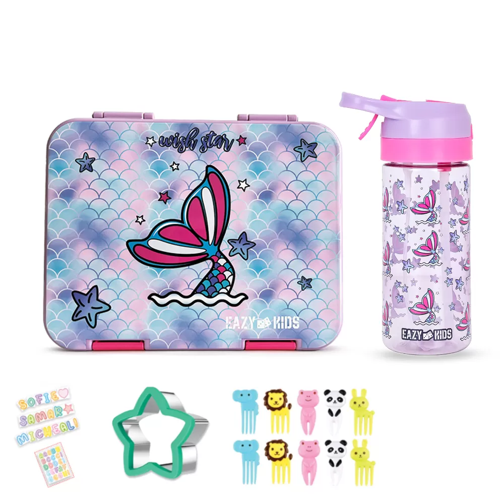 Eazy Kids 6 & 4 Convertible Bento Lunch Box with Tritan 420ml Water Bottle and Sandwich Cutter Set - Mermaid Purple