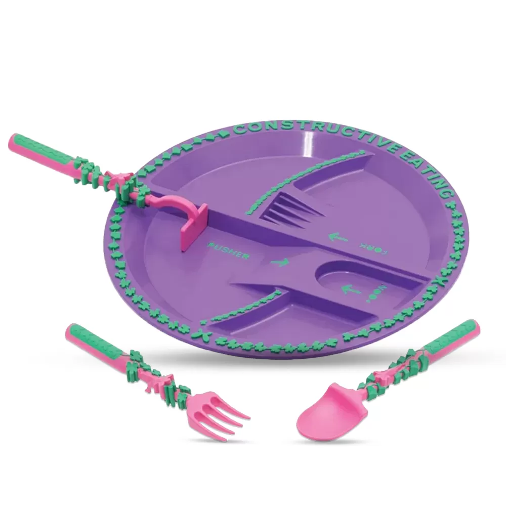 Eazy Kids Eating Plate with Spoon, Fork &amp; Pusher - Purple, Gardening, 3Pcs