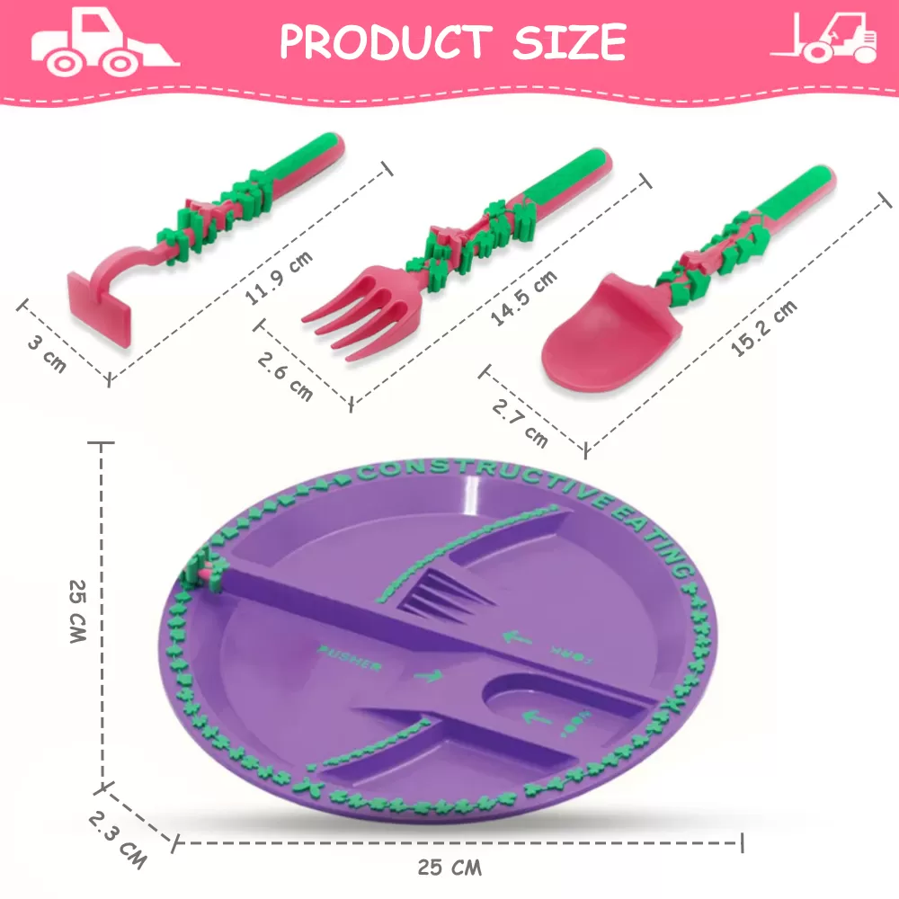 Eazy Kids Eating Plate with Spoon, Fork &amp; Pusher - Purple, Gardening, 3Pcs