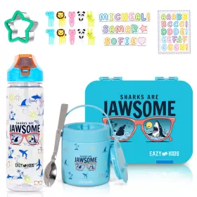 Eazy Kids 6/4 Compartment Bento Lunch Box w/ 2in1 Tritan Water Bottle and Steel Food Jar Jawsome-Blue