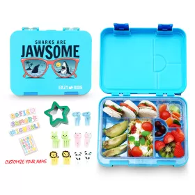 Eazy Kids 6/4 Compartment Bento Lunch Box w/ 2in1 Tritan Water Bottle and Steel Food Jar Jawsome-Blue