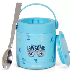 Eazy Kids 6/4 Compartment Bento Lunch Box w/ 2in1 Tritan Water Bottle and Steel Food Jar Jawsome-Blue