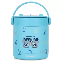 Eazy Kids 6/4 Compartment Bento Lunch Box w/ 2in1 Tritan Water Bottle and Steel Food Jar Jawsome-Blue