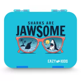 Eazy Kids 6/4 Compartment Bento Lunch Box w/ 2in1 Tritan Water Bottle and Steel Food Jar Jawsome-Blue