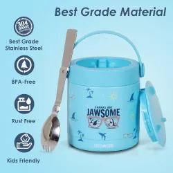 Eazy Kids 6/4 Compartment Bento Lunch Box w/ 2in1 Tritan Water Bottle and Steel Food Jar Jawsome-Blue