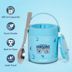 Eazy Kids 6/4 Compartment Bento Lunch Box w/ 2in1 Tritan Water Bottle and Steel Food Jar Jawsome-Blue