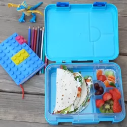 Eazy Kids 6/4 Compartment Bento Lunch Box w/ 2in1 Tritan Water Bottle and Steel Food Jar Jawsome-Blue