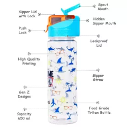 Eazy Kids Lunch Box Set and Tritan Water Bottle w/ 2in1 drinking Flip lid and Sipper Jawsome-Blue