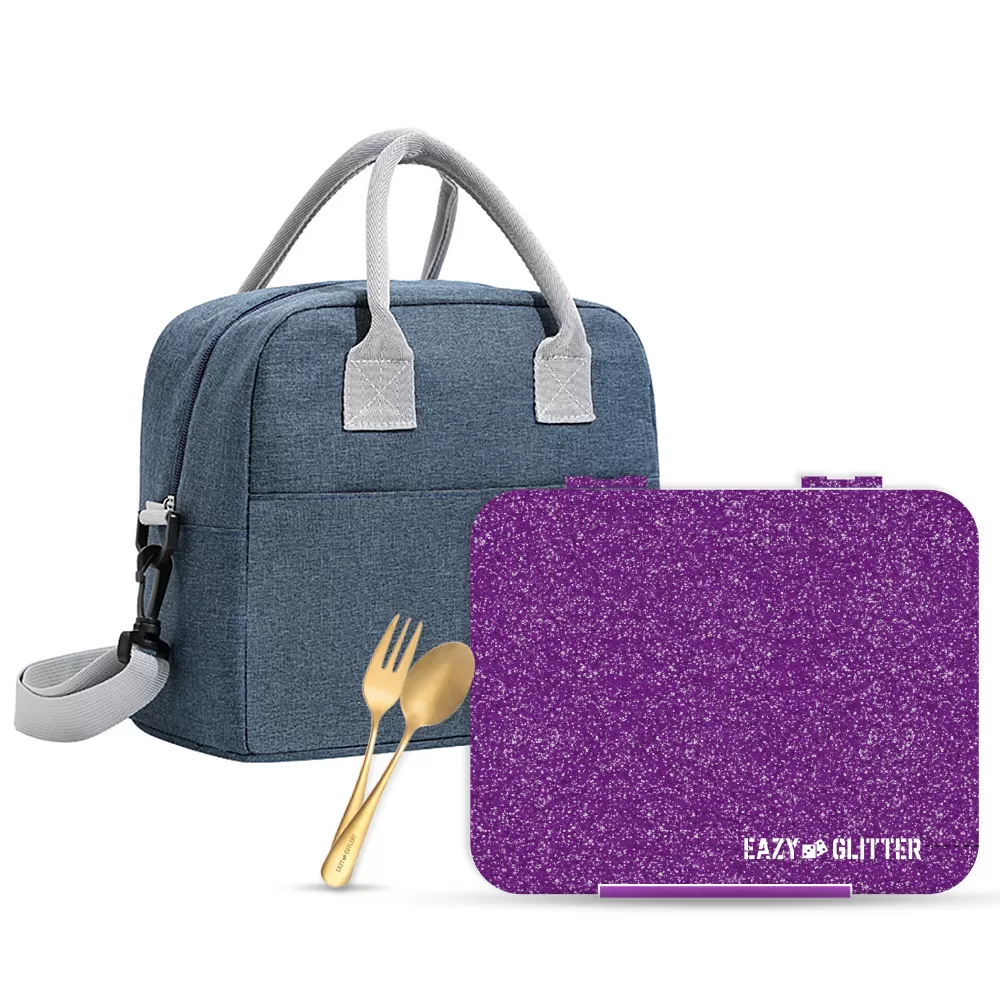 Eazy Kids 6 &amp; 4 Convertible Bento Lunch Box w/ Lunch Bag and Spoon Fork Set - Glitter Purple