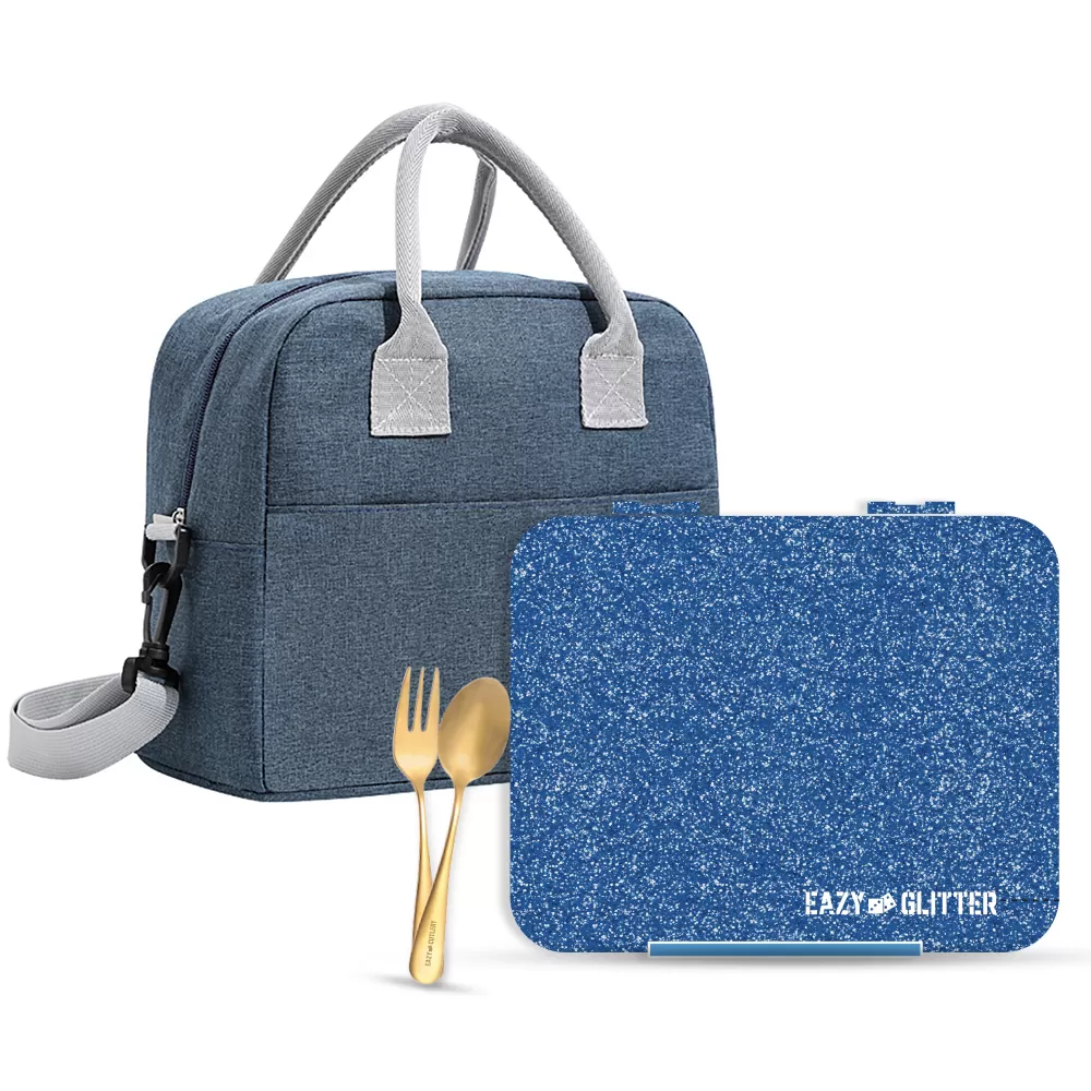 Eazy Kids 6 &amp; 4 Convertible Bento Lunch Box w/ Lunch Bag and Spoon Fork Set - Glitter Blue