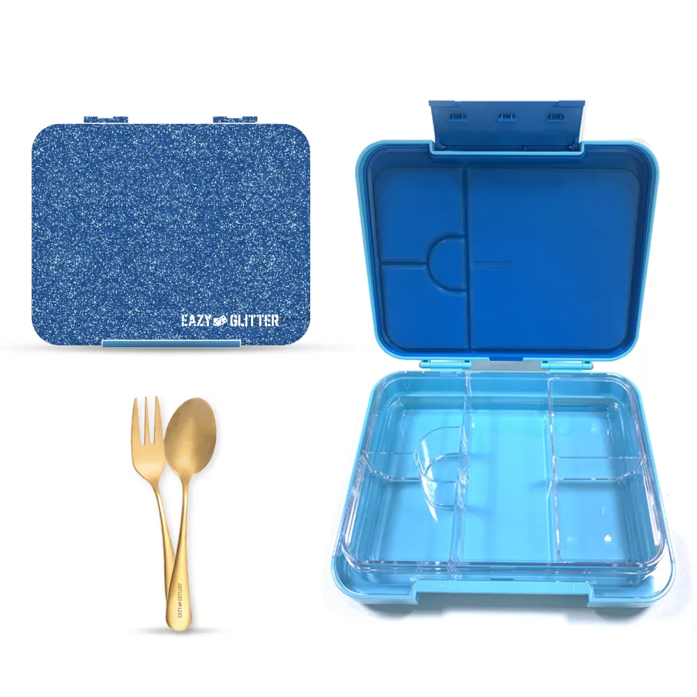 Eazy Kids 6 &amp; 4 Convertible Bento Lunch Box w/ Lunch Bag and Spoon Fork Set - Glitter Blue