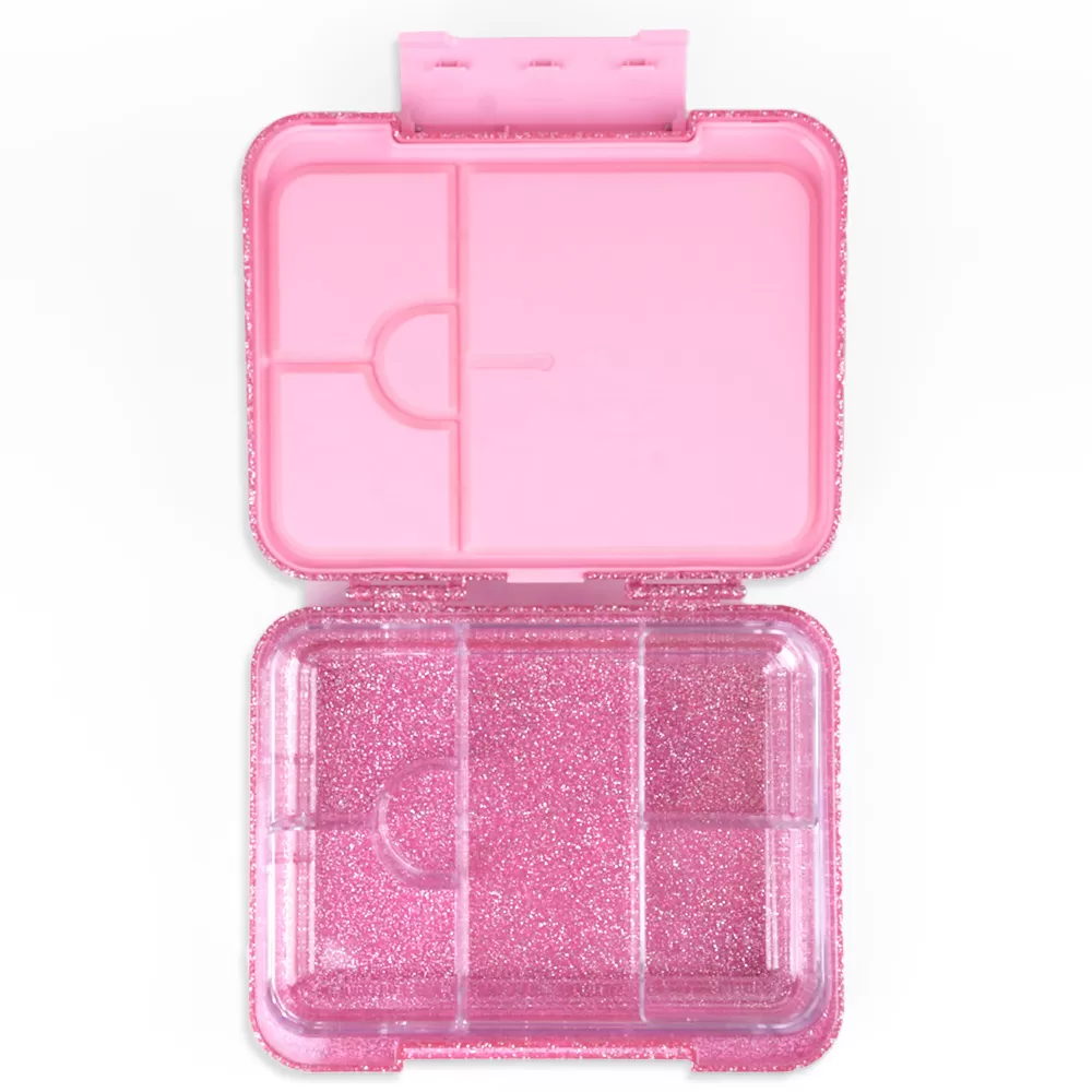 Eazy Kids 6 &amp; 4 Convertible Bento Lunch Box w/ Lunch Bag and Spoon Fork Set - Glitter Pink