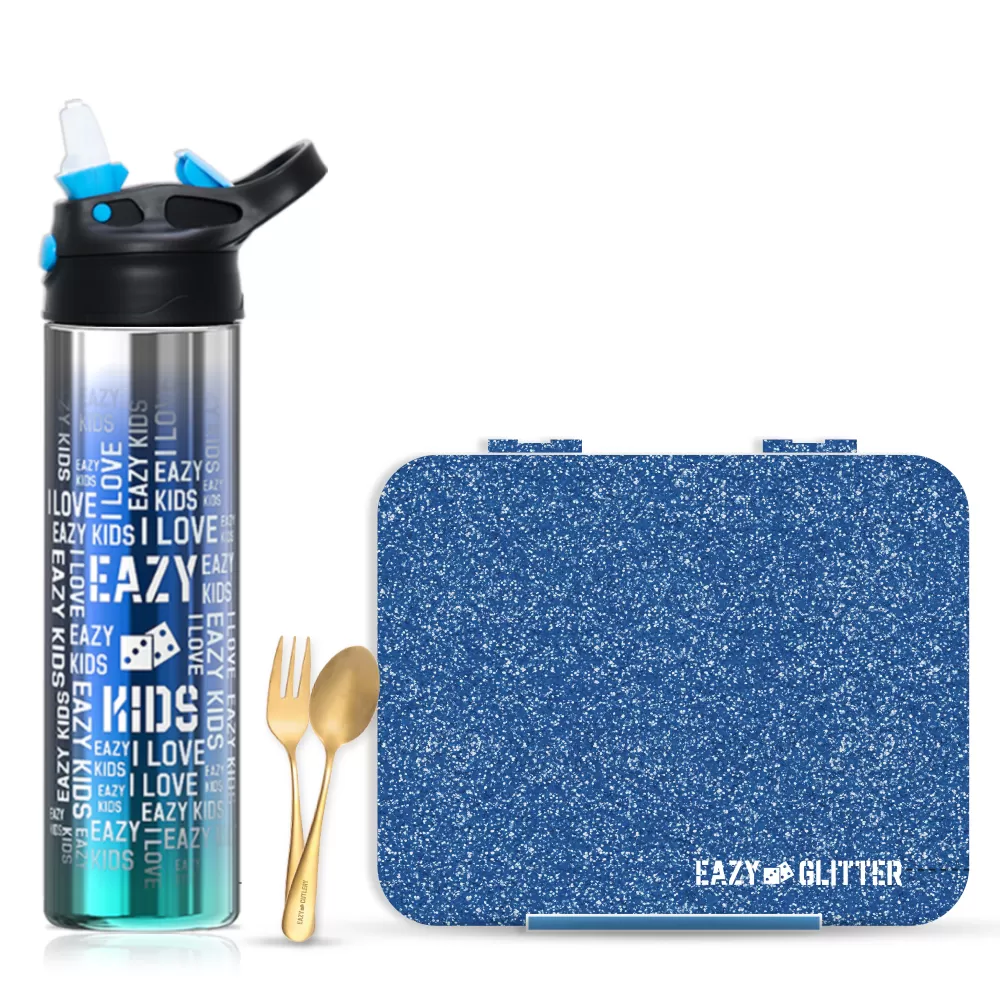 Eazy Kids 6 &amp; 4 Convertible Bento Lunch Box w/ 530ml Stainless Steel Water Bottle and Spoon Fork Set - Glitter Blue