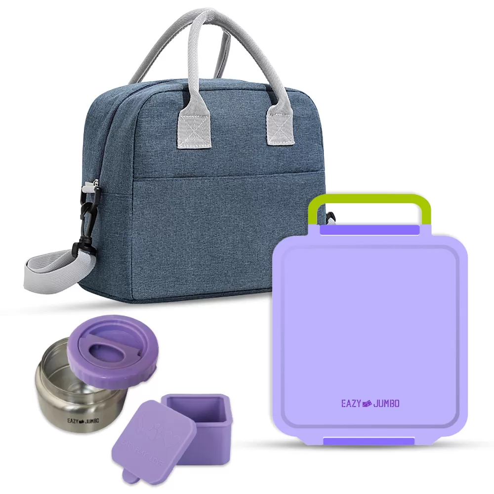 Eazy Kids Jumbo Bento Lunch Box w/ Lunch Bag and Thermos &amp; Dip Jar- Purple