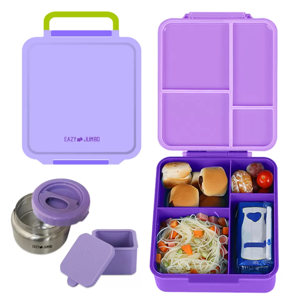 Eazy Kids Jumbo Bento Lunch Box w/ Lunch Bag and Thermos &amp; Dip Jar- Purple