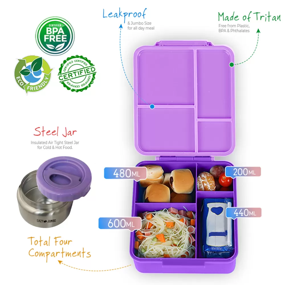 Eazy Kids Jumbo Bento Lunch Box w/ Lunch Bag and Thermos &amp; Dip Jar- Purple