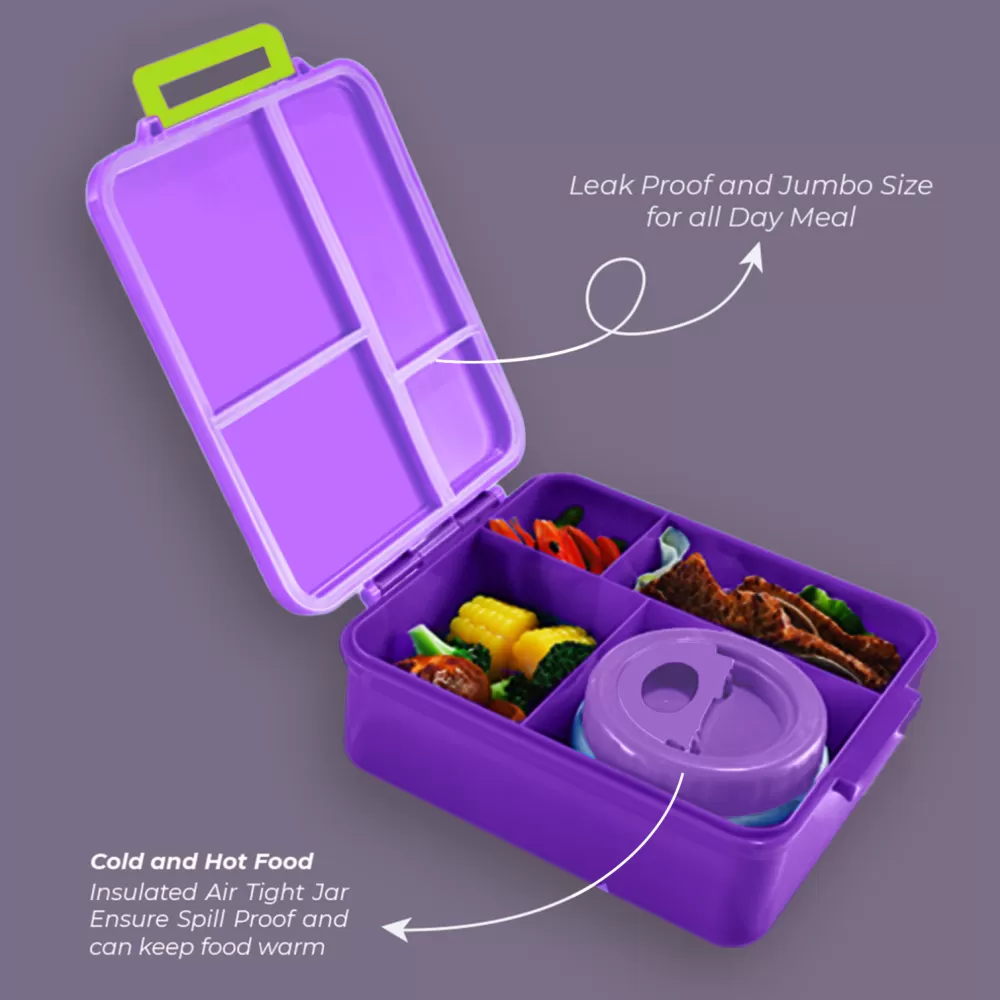 Eazy Kids Jumbo Bento Lunch Box w/ Lunch Bag and Thermos &amp; Dip Jar- Purple