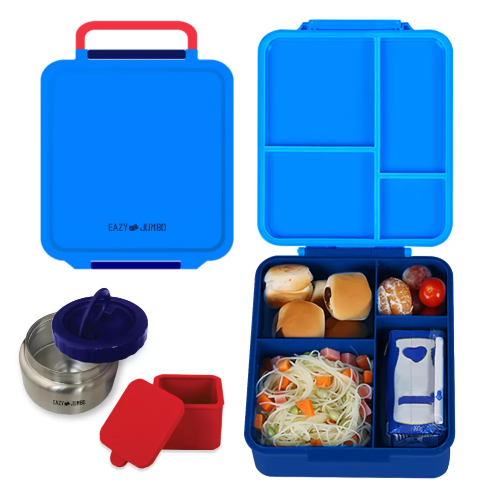 Eazy Kids Jumbo Bento Lunch Box w/ Lunch Bag and Thermos &amp; Dip Jar- Blue