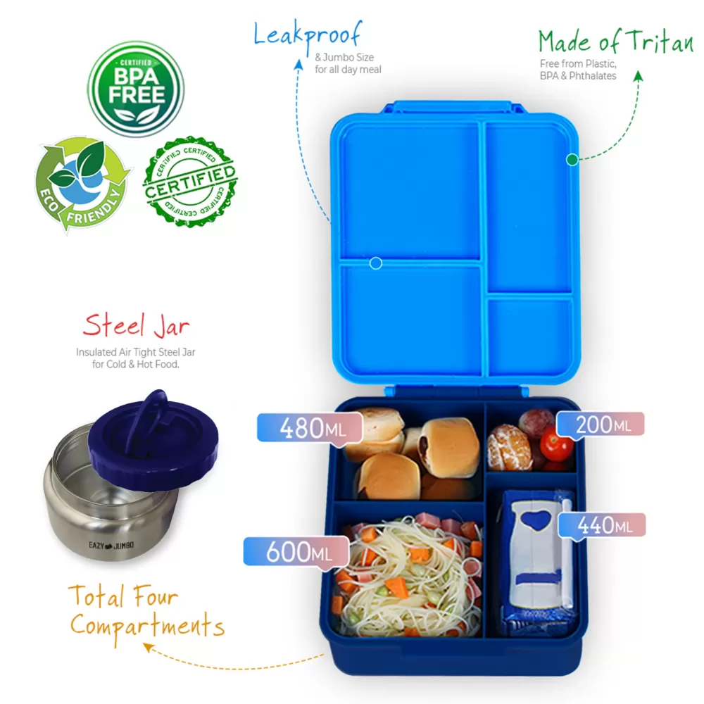 Eazy Kids Jumbo Bento Lunch Box w/ Lunch Bag and Thermos &amp; Dip Jar- Blue