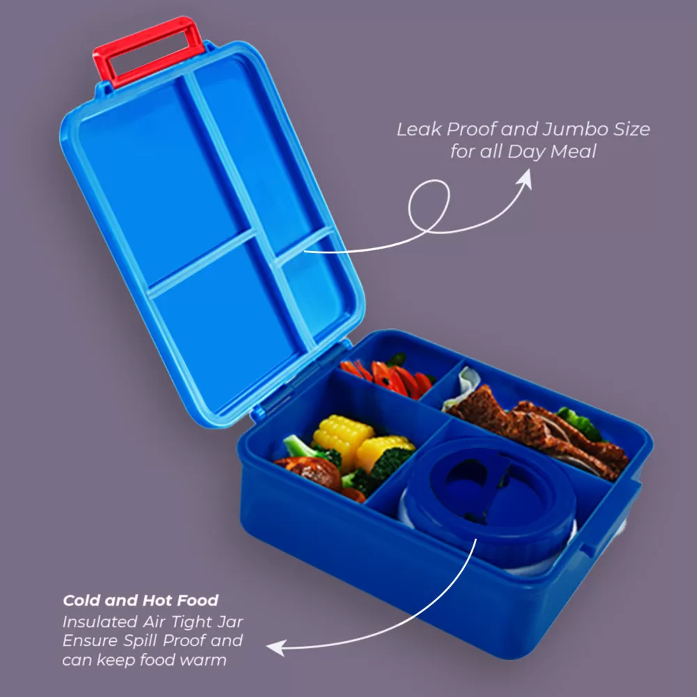 Eazy Kids Jumbo Bento Lunch Box w/ Lunch Bag and Thermos &amp; Dip Jar- Blue