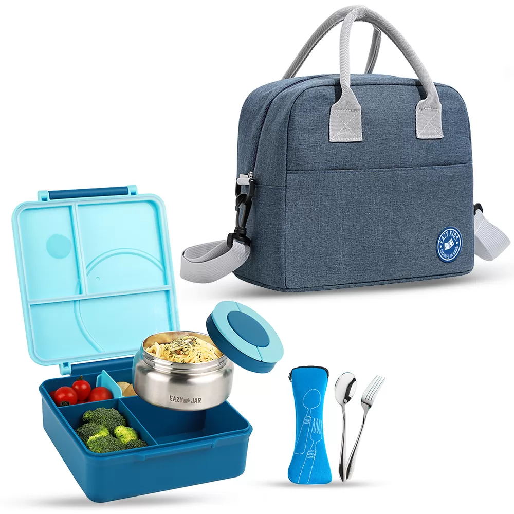 Eazy Kids Jumbo Bento Lunch Box w/ Blue Lunch Bag , Food Jar and Cutlery - Blue