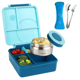 Eazy Kids Jumbo Bento Lunch Box w/ Blue Lunch Bag , Food Jar and Cutlery - Blue