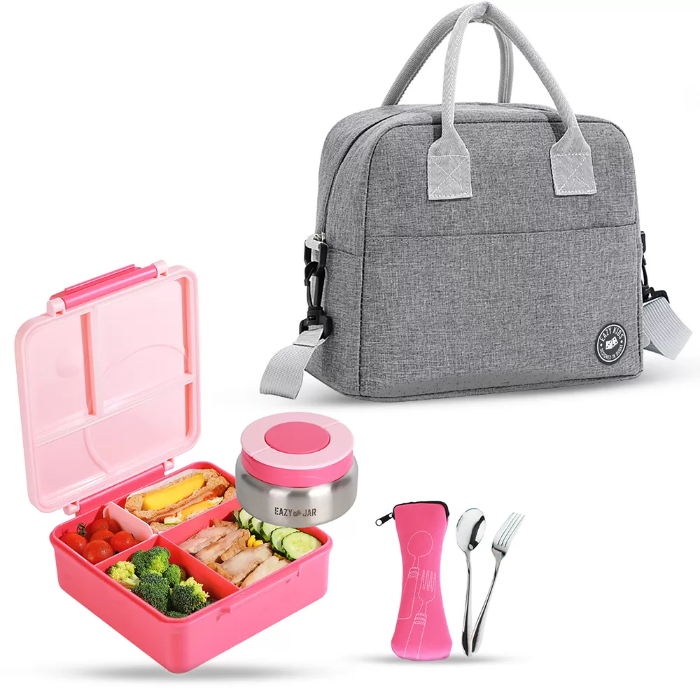 Eazy Kids Jumbo Bento Lunch Box w/ Grey Lunch Bag , Food Jar and Cutlery - Pink