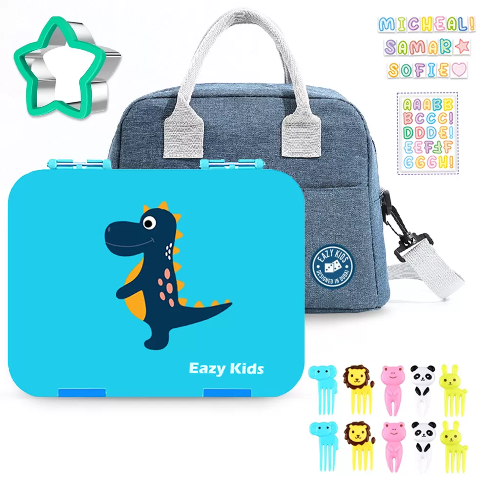 Eazy Kids Dinosaur 6/4 Compartment Bento Lunch Box w/ Lunch Bag-Blue