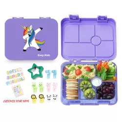 Eazy Kids Unicorn Purple 6 Compartment Bento Lunch Box w/ Lunch Bag-Grey