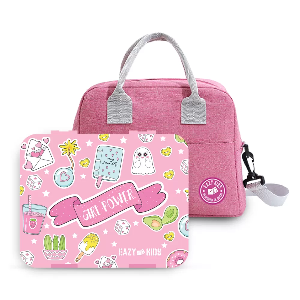 Eazy Kids Bento Box wt Insulated Lunch Bag &amp; Cutter Set-Combo-Girl Power Pink