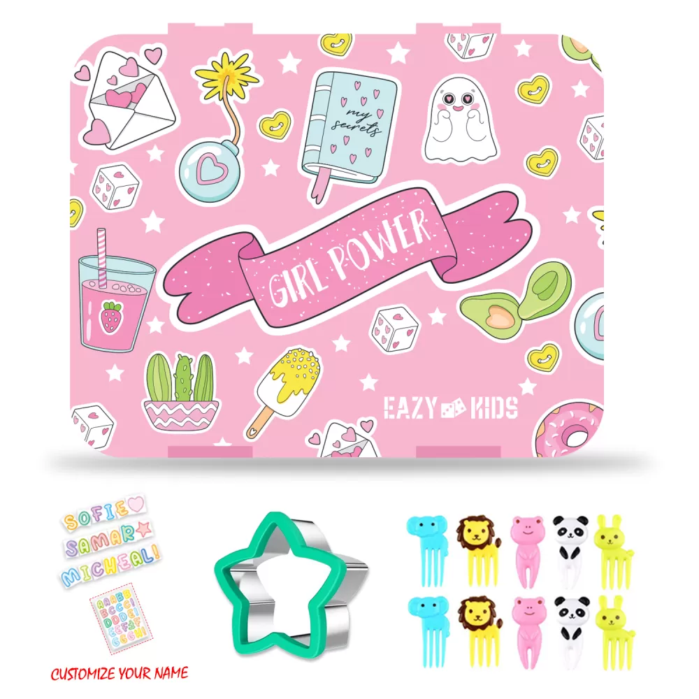 Eazy Kids Bento Box wt Insulated Lunch Bag &amp; Cutter Set-Combo-Girl Power Pink