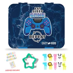 Eazy Kids Eat Sleep Game Repeat 5 Compartment Bento Lunch Box w/ Lunch Bag-Blue