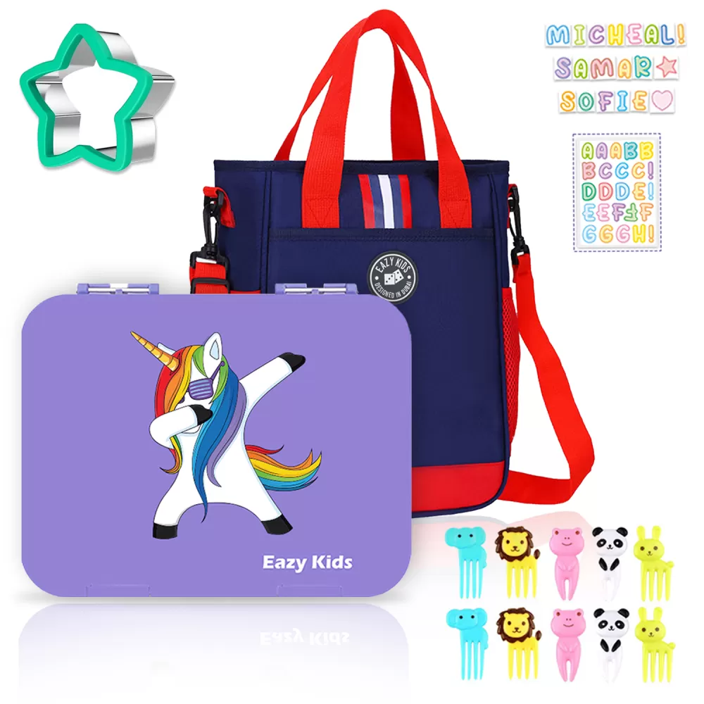 Eazy Kids Unicorn Purple 6 Compartment Bento Lunch Box w/ Lunch Bag-Blue