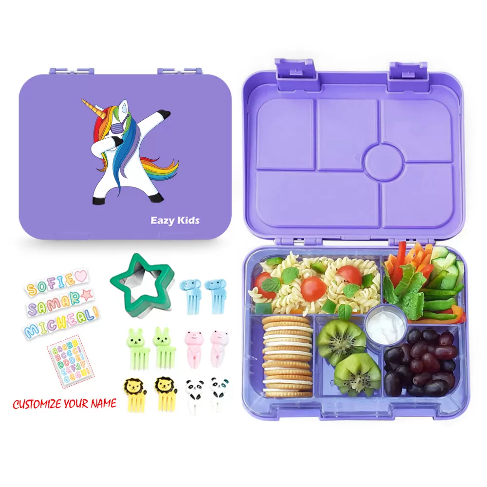 Eazy Kids Unicorn Purple 6 Compartment Bento Lunch Box w/ Lunch Bag-Blue