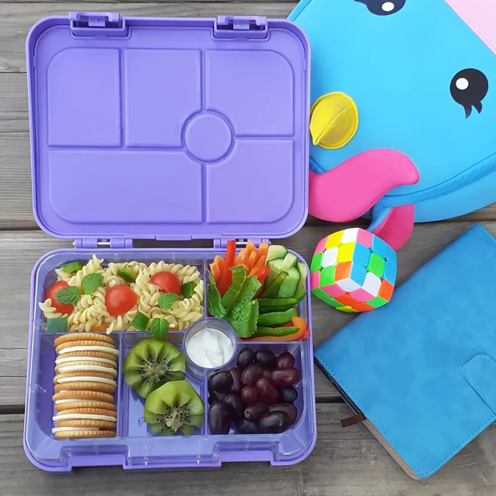 Eazy Kids Unicorn Purple 6 Compartment Bento Lunch Box w/ Lunch Bag-Blue