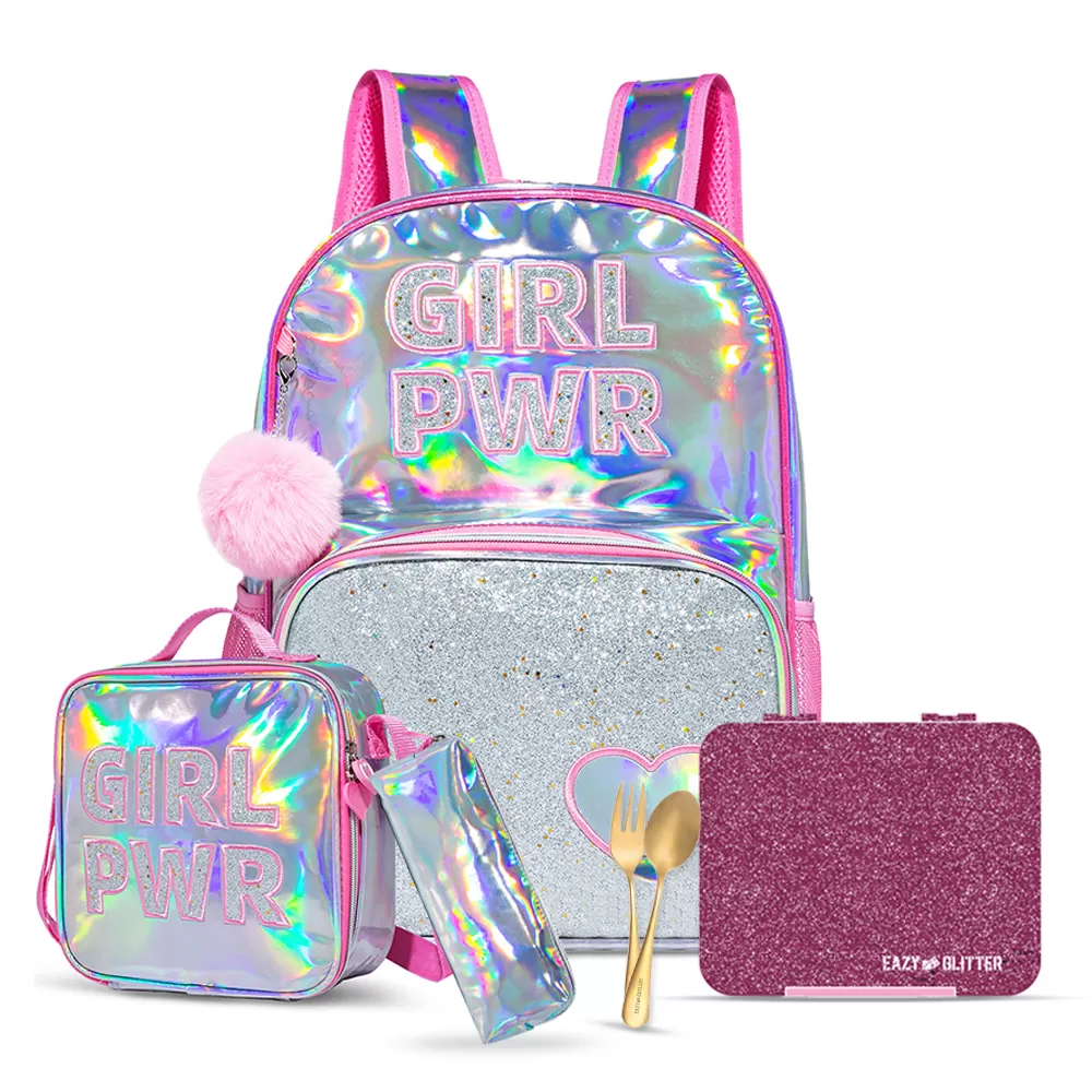 Eazy Kids - 18" School Bag, Glitter Bento Box, Lunch Bag, Pencil Case, Set of 4 - Girl Power Pink