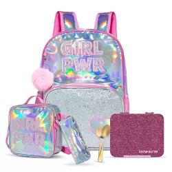 Eazy Kids - 18" School Bag, Glitter Bento Box, Lunch Bag, Pencil Case, Set of 4 - Girl Power Pink