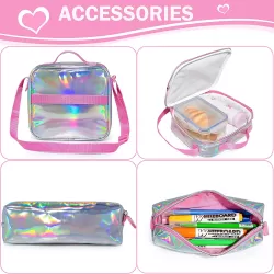 Eazy Kids - 18" School Bag, Glitter Bento Box, Lunch Bag, Pencil Case, Set of 4 - Girl Power Pink