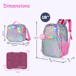 Eazy Kids - 18" School Bag, Glitter Bento Box, Lunch Bag, Pencil Case, Set of 4 - Girl Power Pink