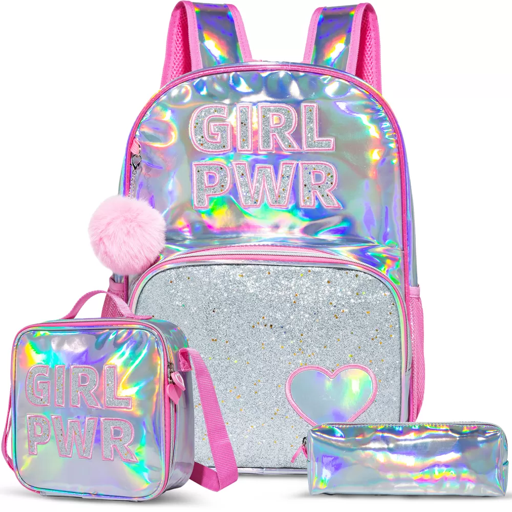 Eazy Kids - 18&quot; School Bag, Glitter Bento Box, Lunch Bag, Pencil Case, Set of 4 - Girl Power Pink