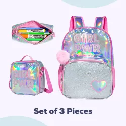 Eazy Kids - 18" School Bag, Glitter Bento Box, Lunch Bag, Pencil Case, Set of 4 - Girl Power Pink