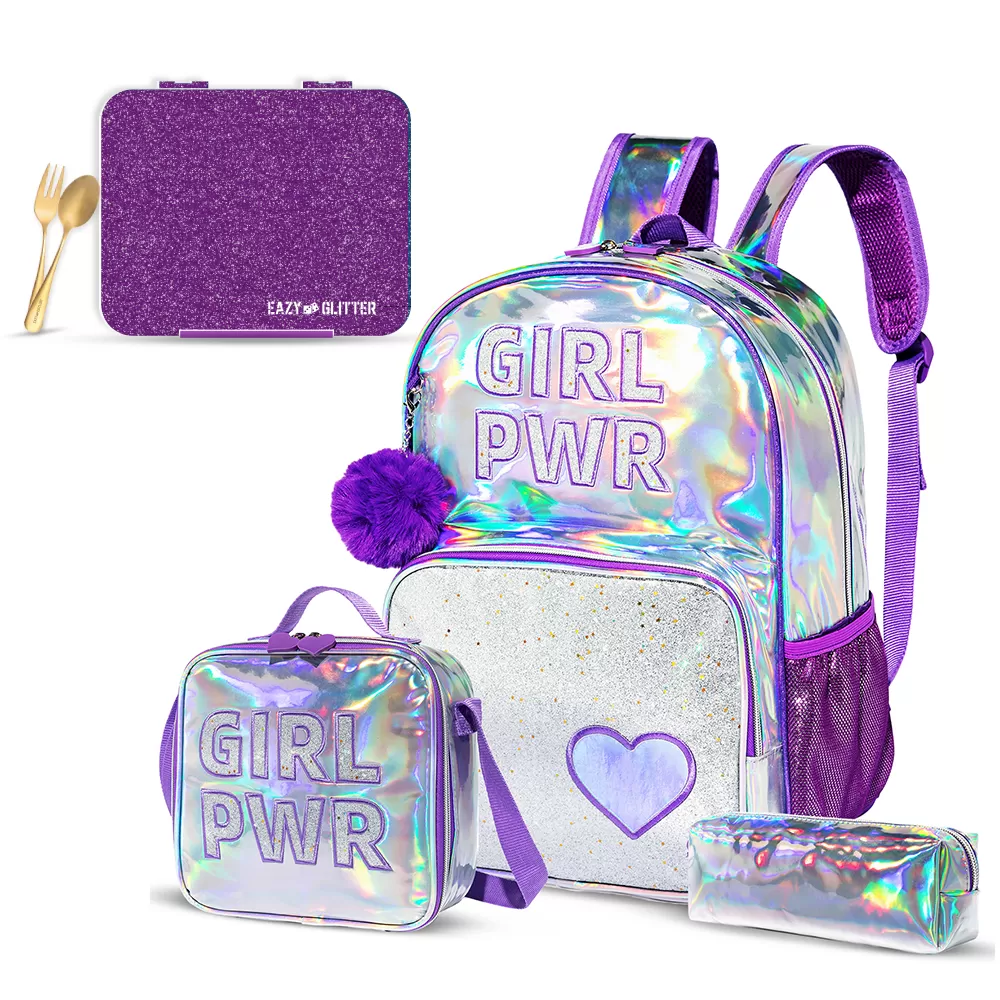 Eazy Kids - 18&quot; School Bag, Glitter Bento Box, Lunch Bag, Pencil Case, Set of 4 - Girl Power Purple